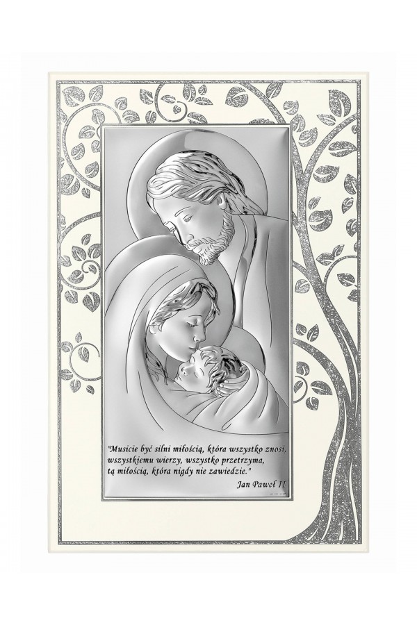 Obrazek z wizerunkiem Św. Rodziny z cytatem na białym drewnie