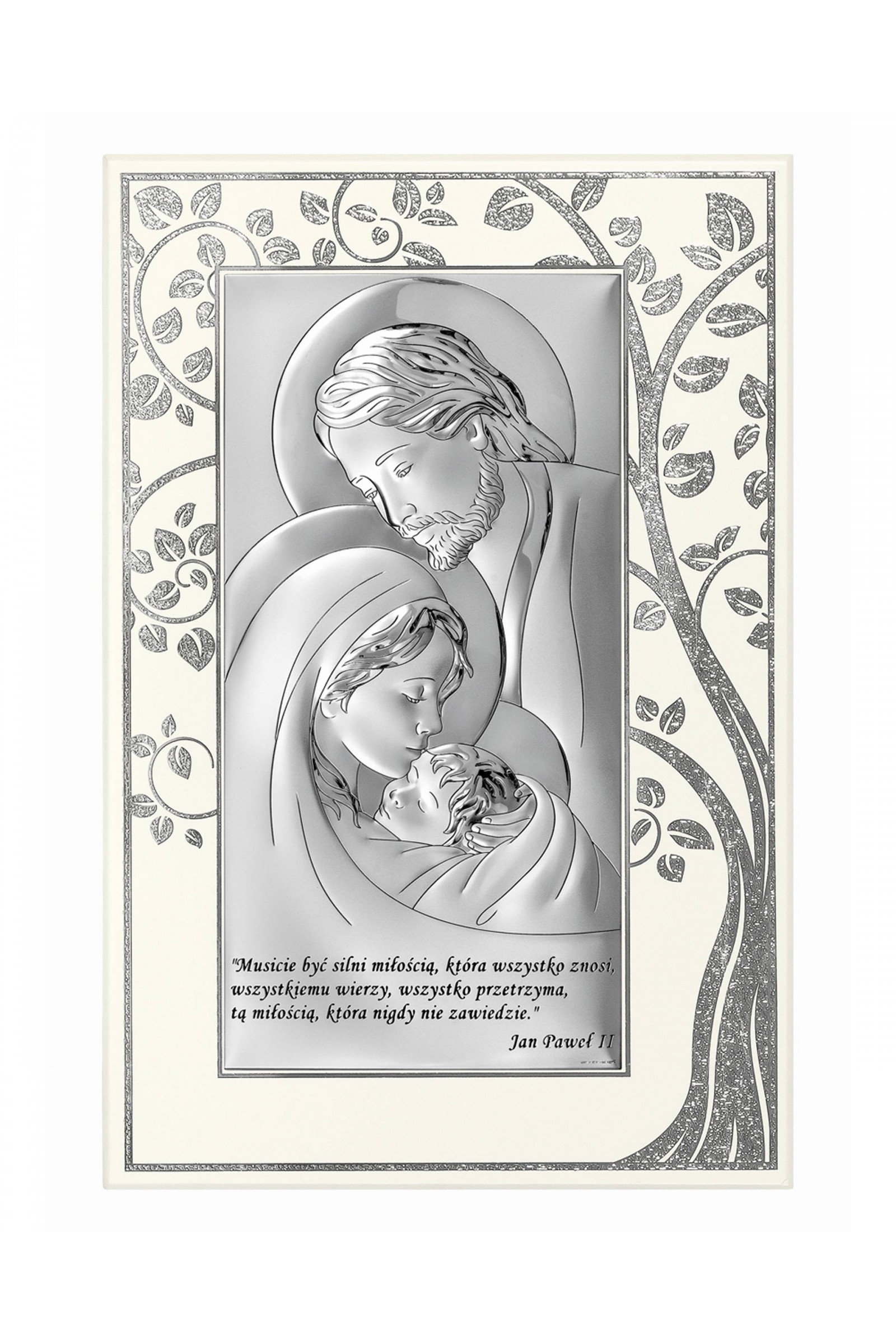 Obrazek z wizerunkiem Św. Rodziny z cytatem na białym drewnie - obraz 0