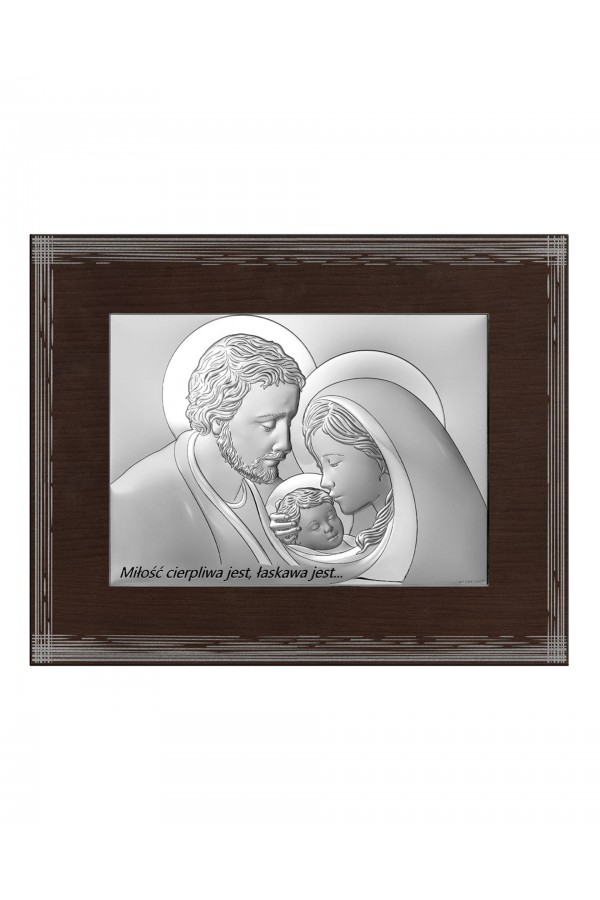 Obrazek z wizerunkiem Św. Rodziny, prostokątny na brązowym zdobieniu