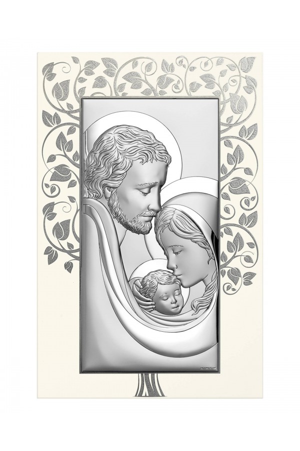 Obrazek z wizerunkiem Św. Rodziny na białym drewnie, z drzewem