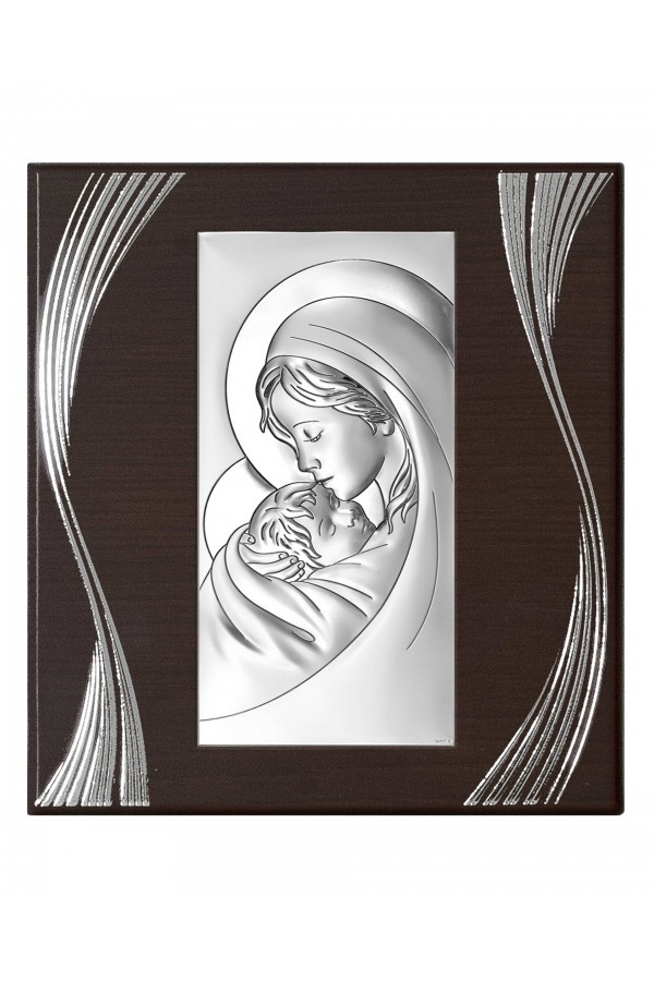 Obrazek z wizerunkiem Matki Bożej na brązowym panelu, ze zdobieniem