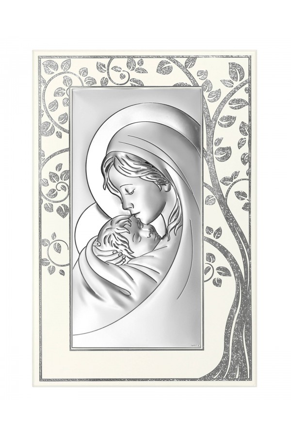 Obrazek z wizerunkiem Matki Bożej na białym drewnie, z drzewem