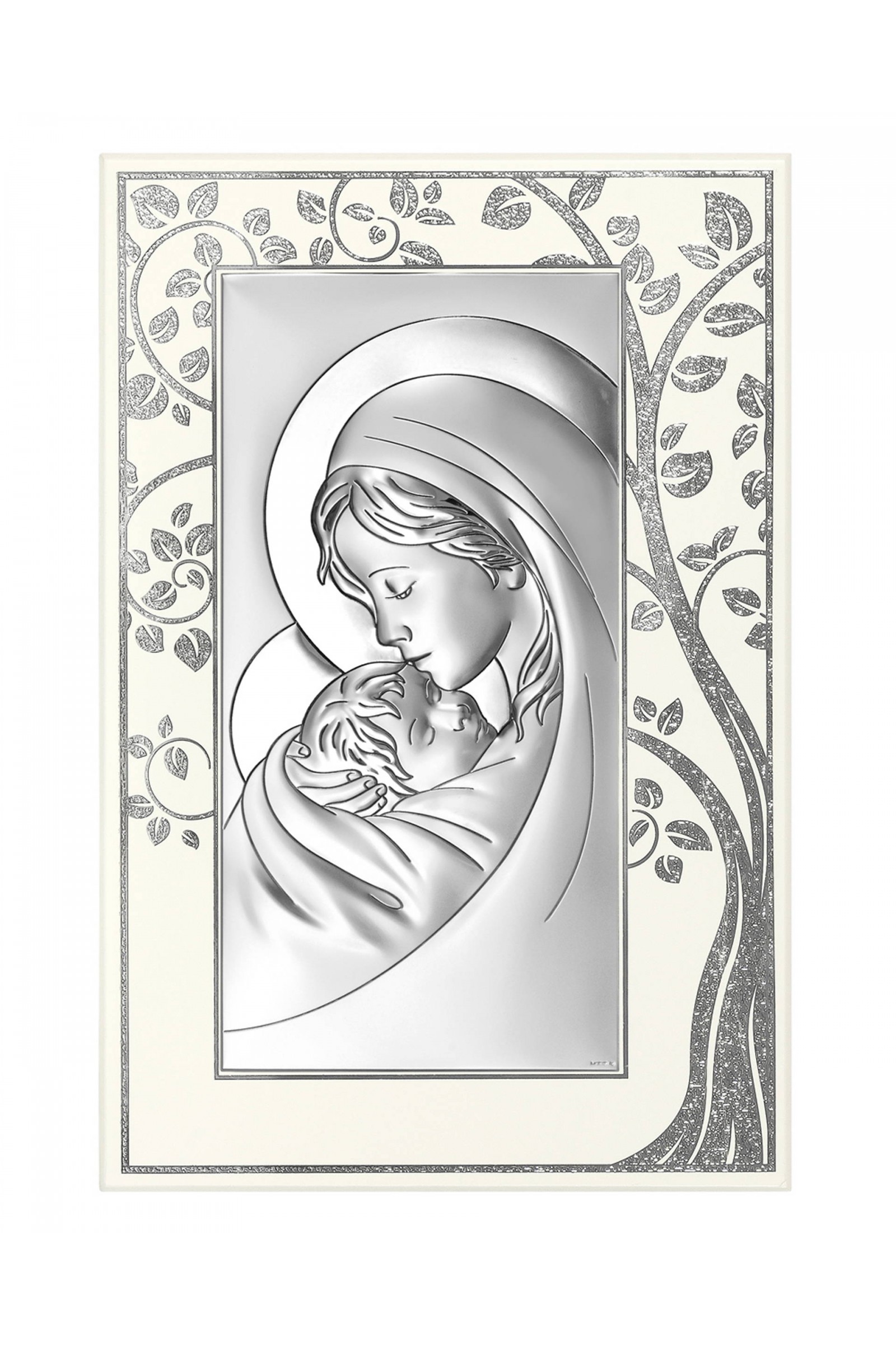 Obrazek z wizerunkiem Matki Bożej na białym drewnie, z drzewem - obraz 0