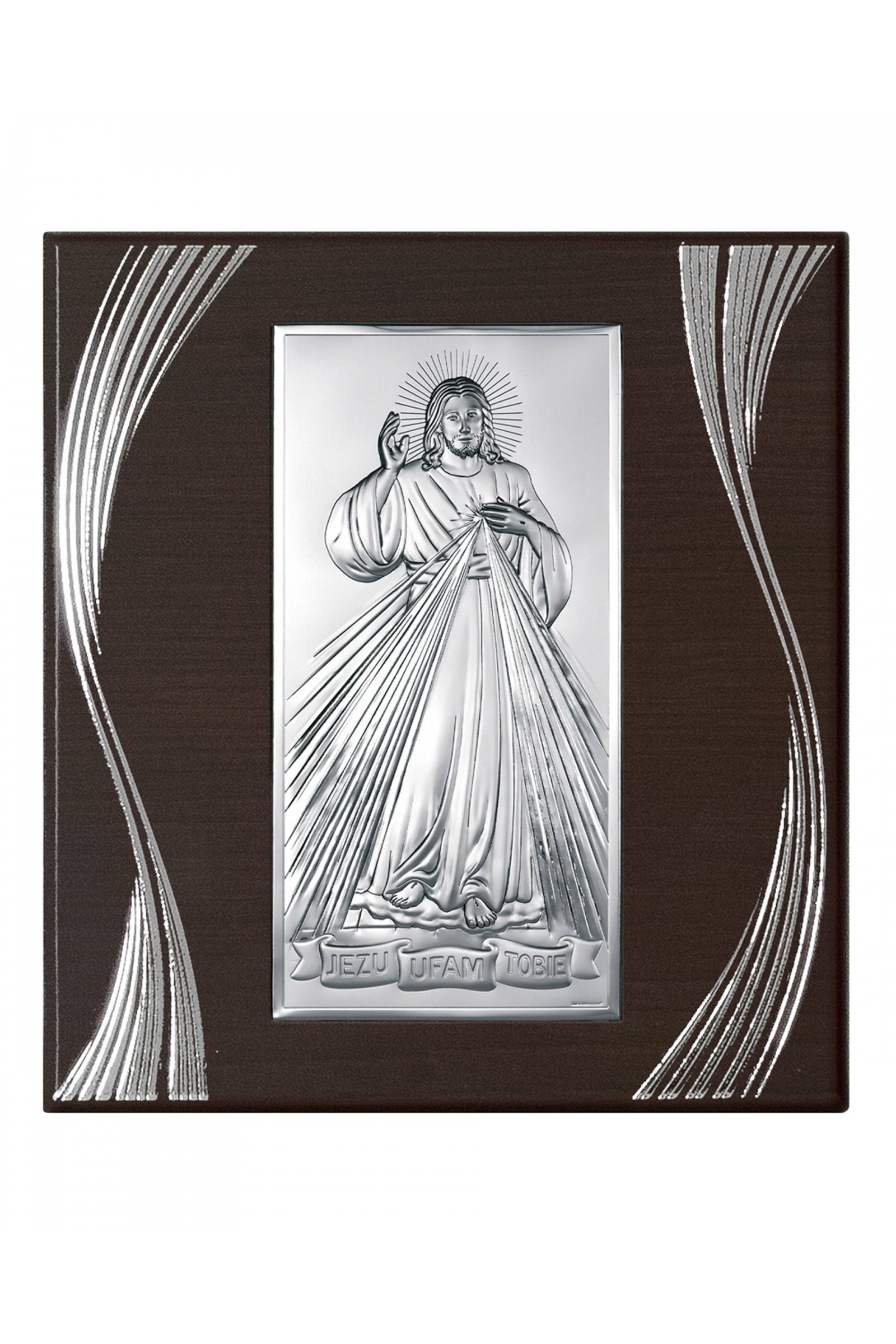 Obrazek z wizerunkiem Jezusa na brązowym panelu ze zdobieniami - obraz 0