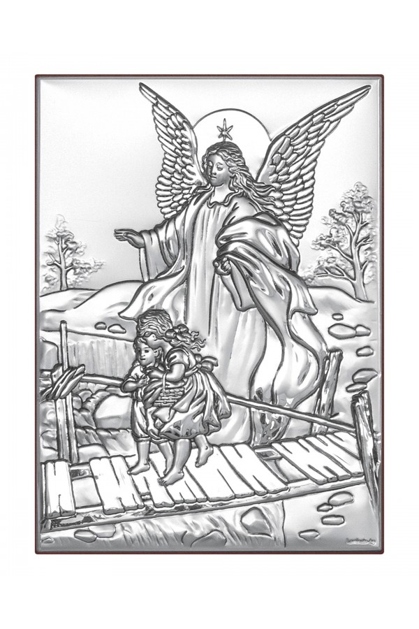 Obrazek z wizerunkiem Anioła Stróża na kładce nad dziećmi