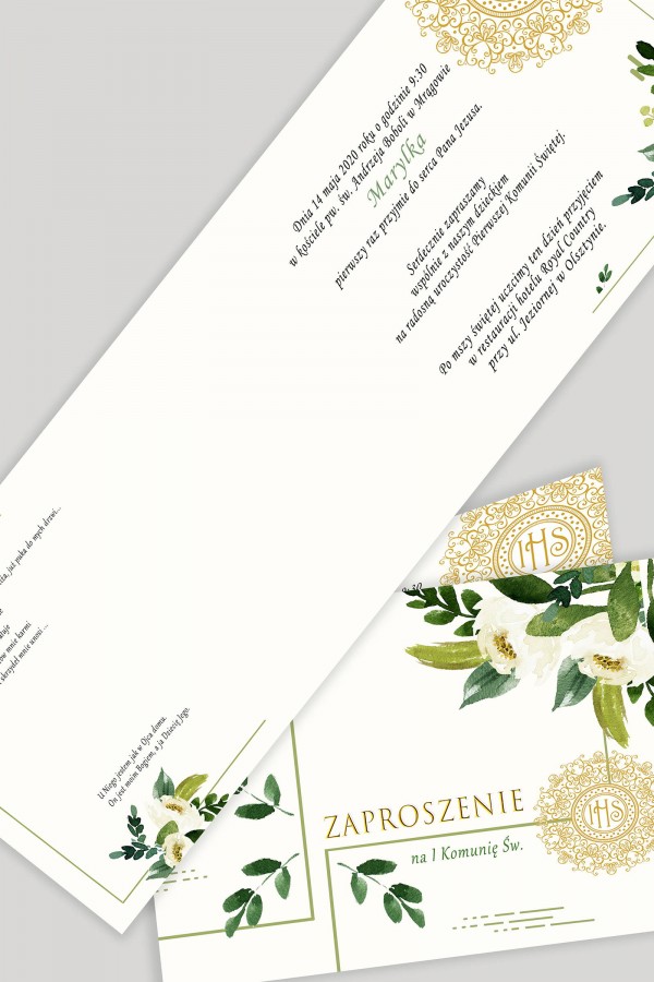 Personalizowane zaproszenia komunijne z zestawów - Biały bukiecik
