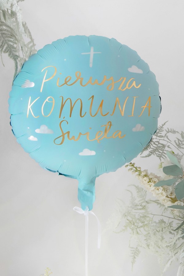 Balon komunijny błękitny złote literki